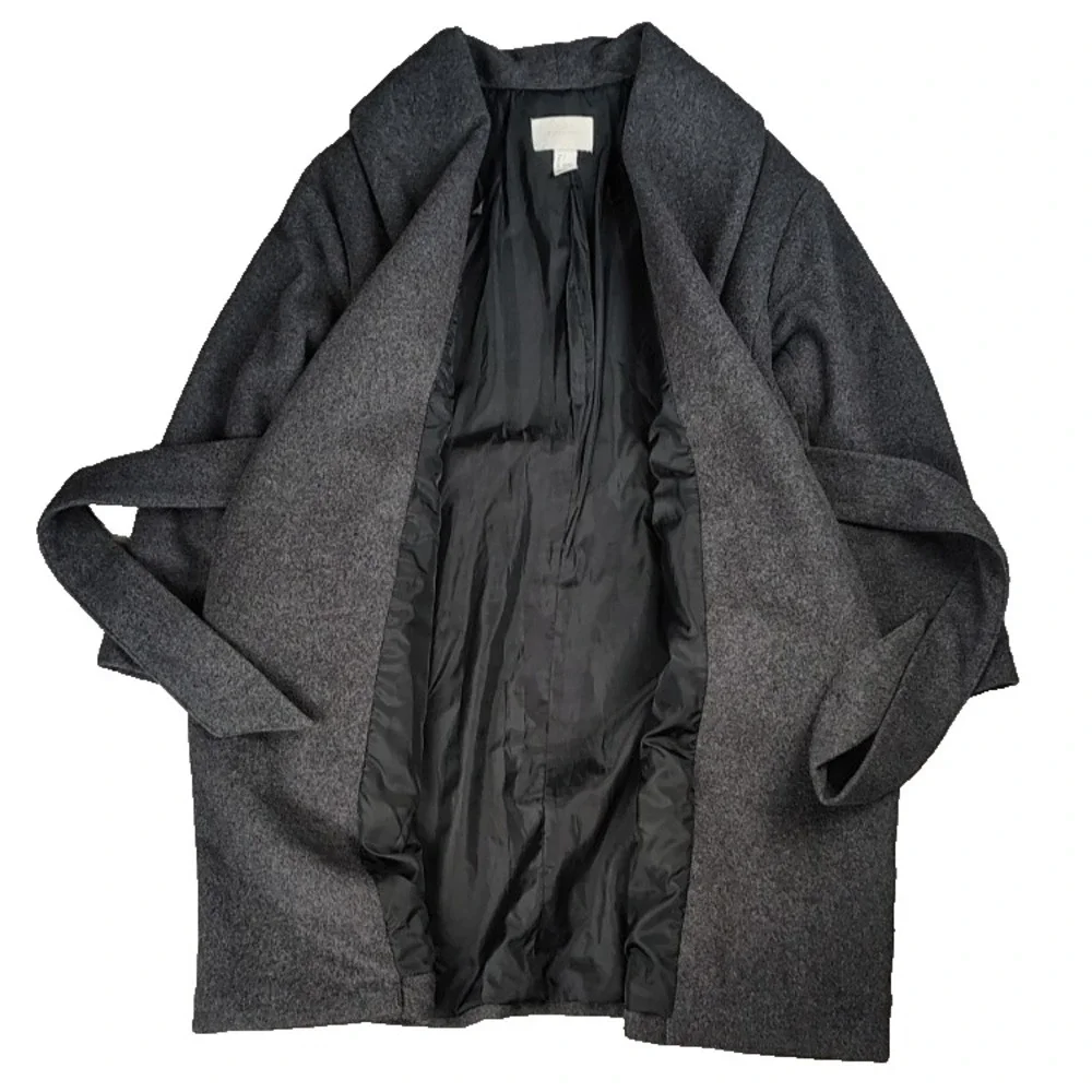 H&M Conscious‎ Women's Gray Wool Blend Belted Wrap Coat Long Sleeve Size 4 Lined